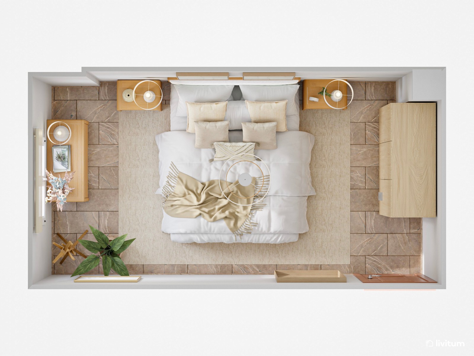 Dormitorio pequeño de 11 m² nórdico, estrecho y alargado, con muebles de madera