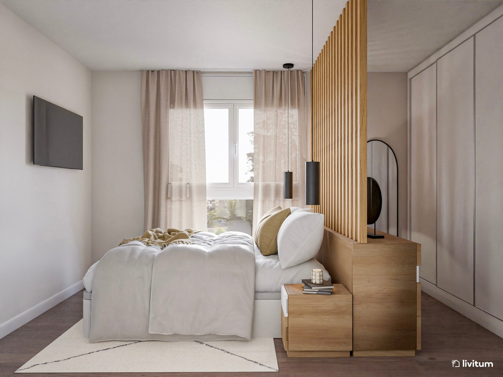 Dormitorio pequeño y moderno con práctico vestidor integrado