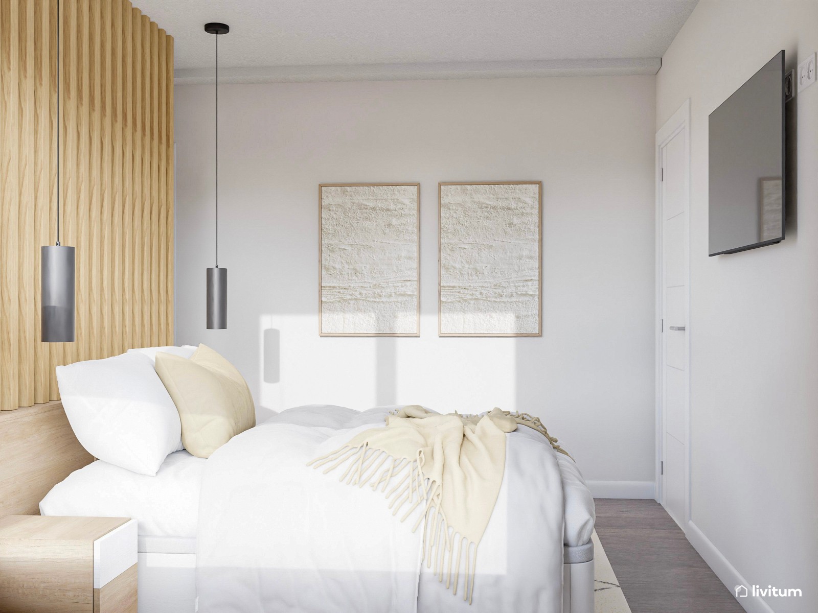 Dormitorio pequeño y moderno con práctico vestidor integrado