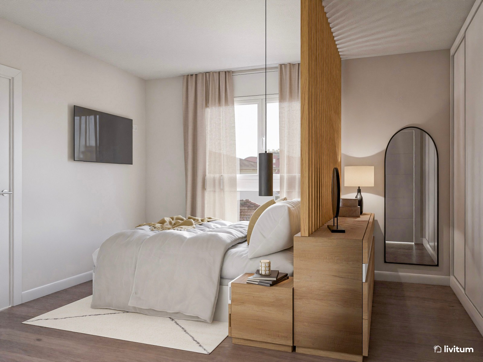 Dormitorio pequeño y moderno con práctico vestidor integrado