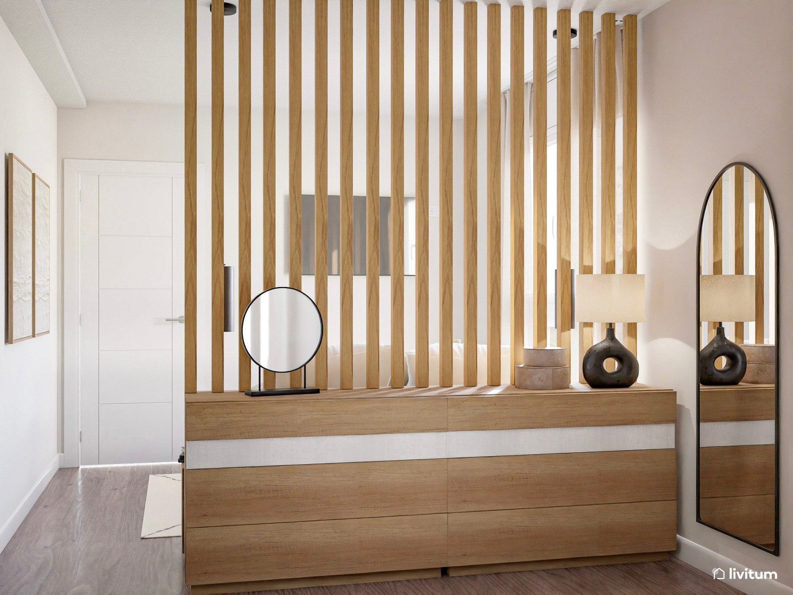 Dormitorio pequeño y moderno con práctico vestidor integrado
