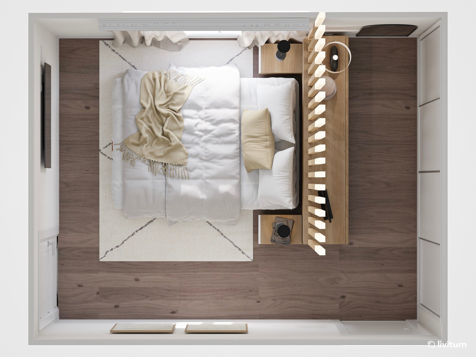 Dormitorio pequeño y moderno con práctico vestidor integrado