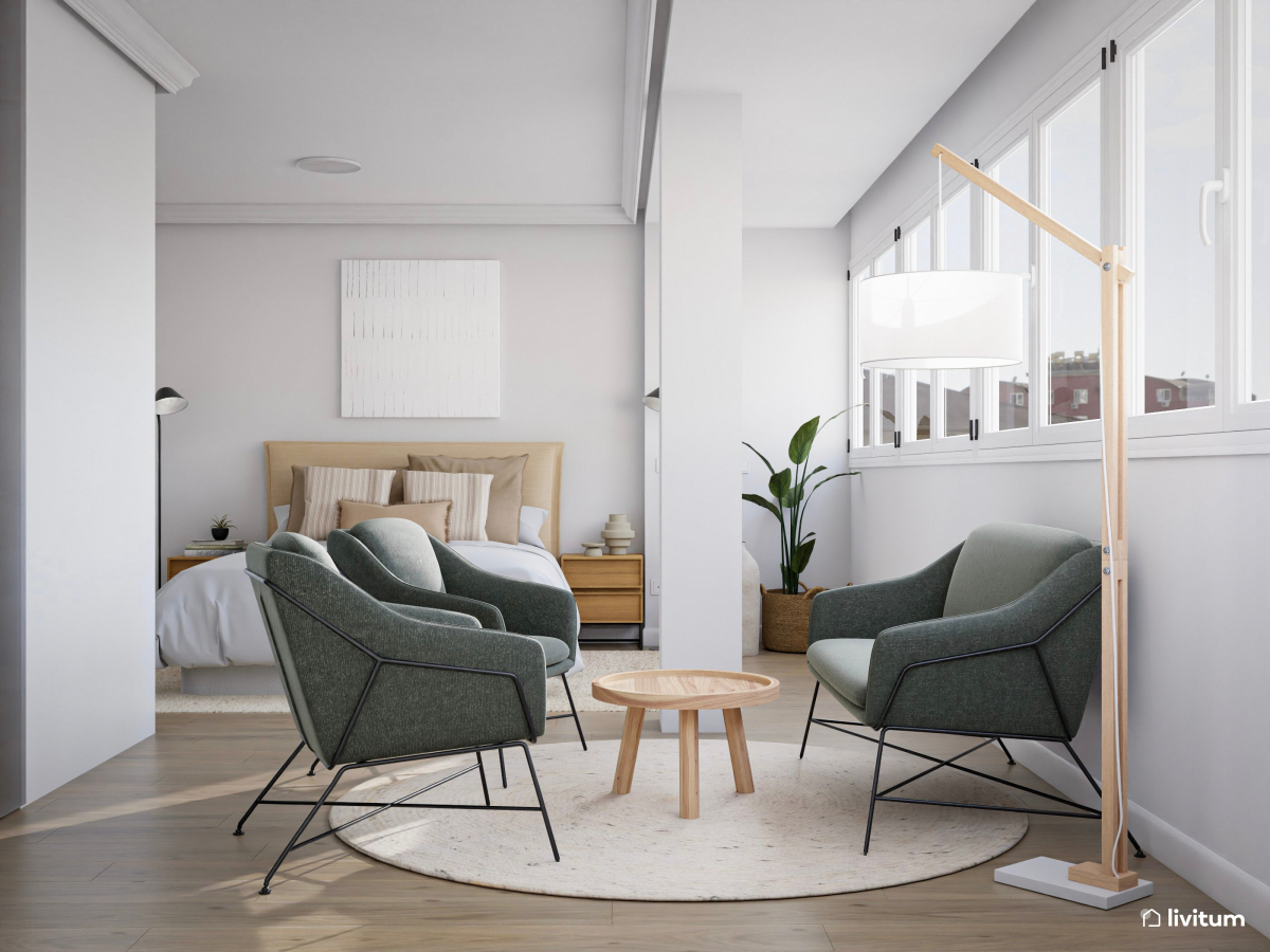 Dormitorio principal de estilo nórdico con sala de estar
