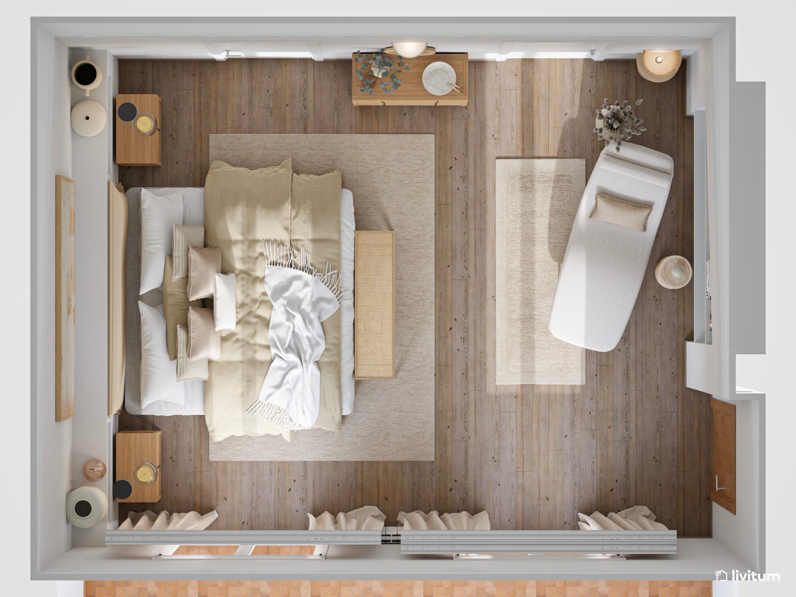 Dormitorio rústico con cabecero blanco a medida y nichos integrados