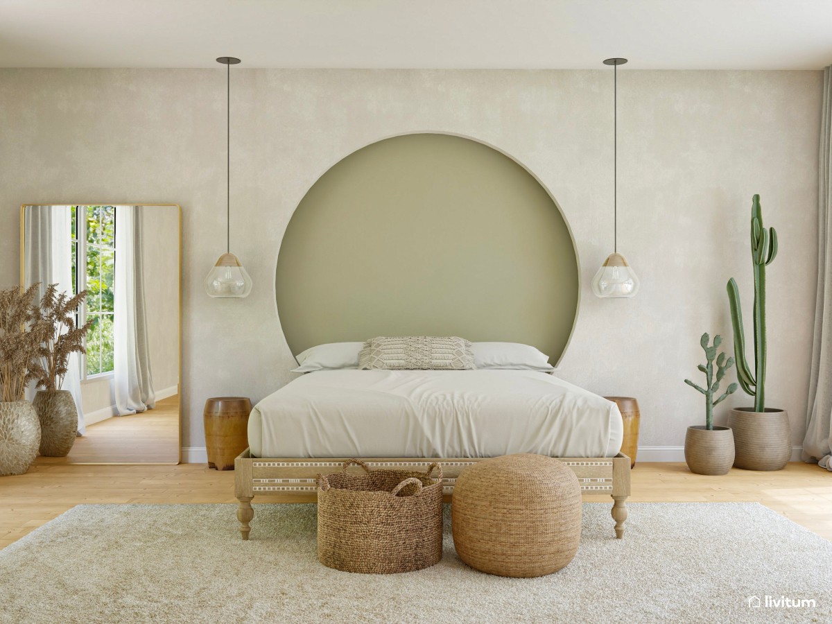 Dormitorio  rústico con cabezal verde
