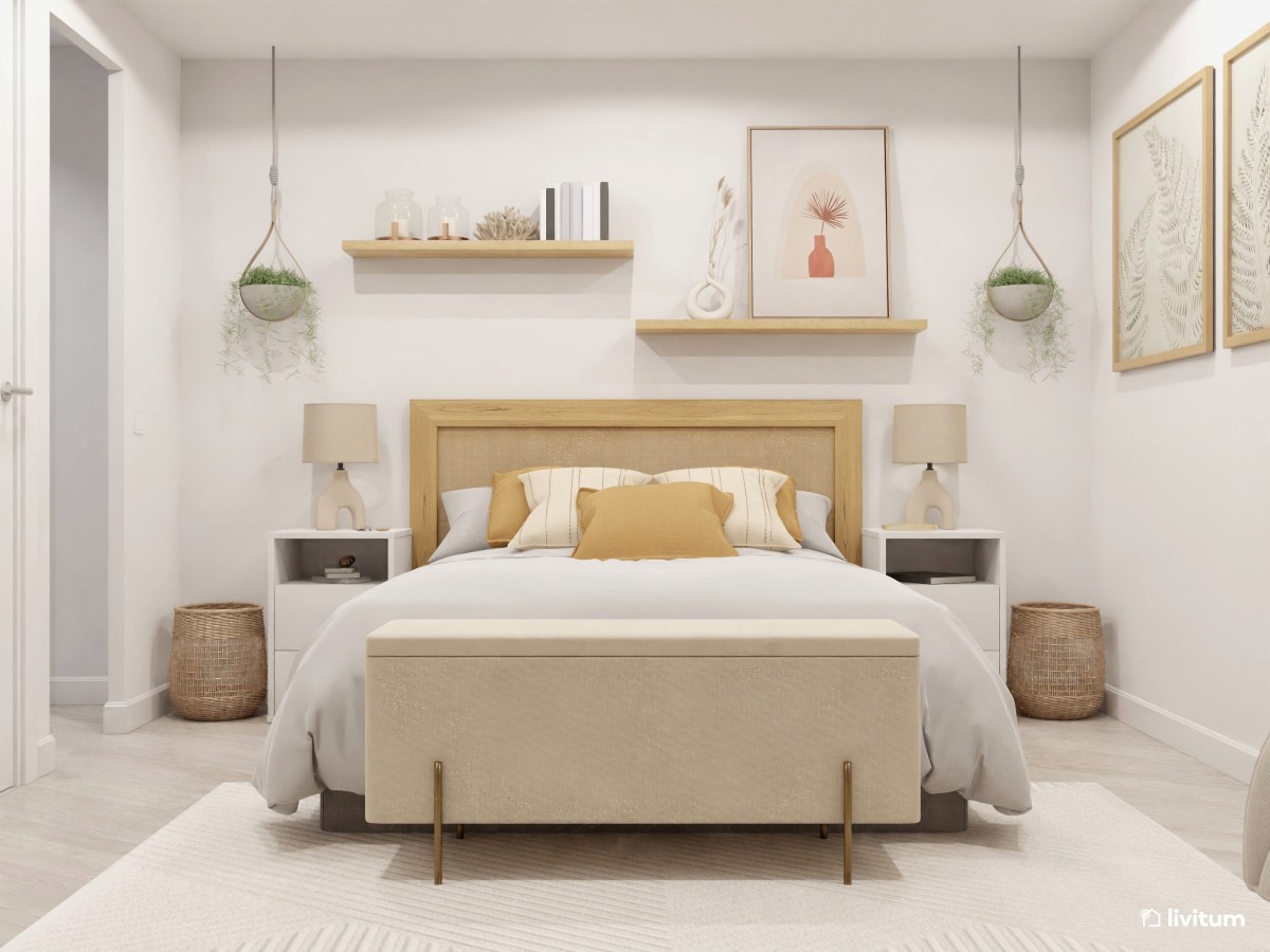 Dormitorio rústico en tonos neutros y amarillos