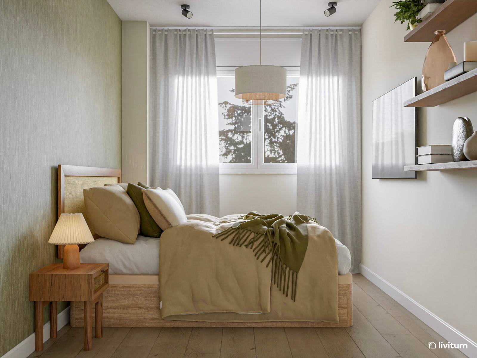Dormitorio rústico en verde, madera y fibras naturales