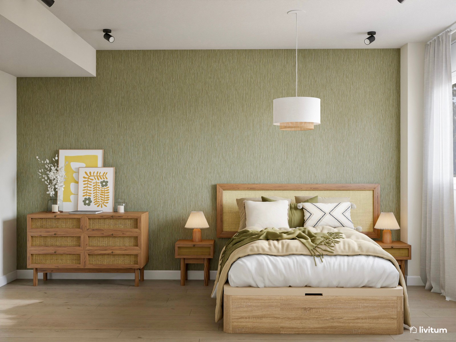 Dormitorio rústico en verde, madera y fibras naturales