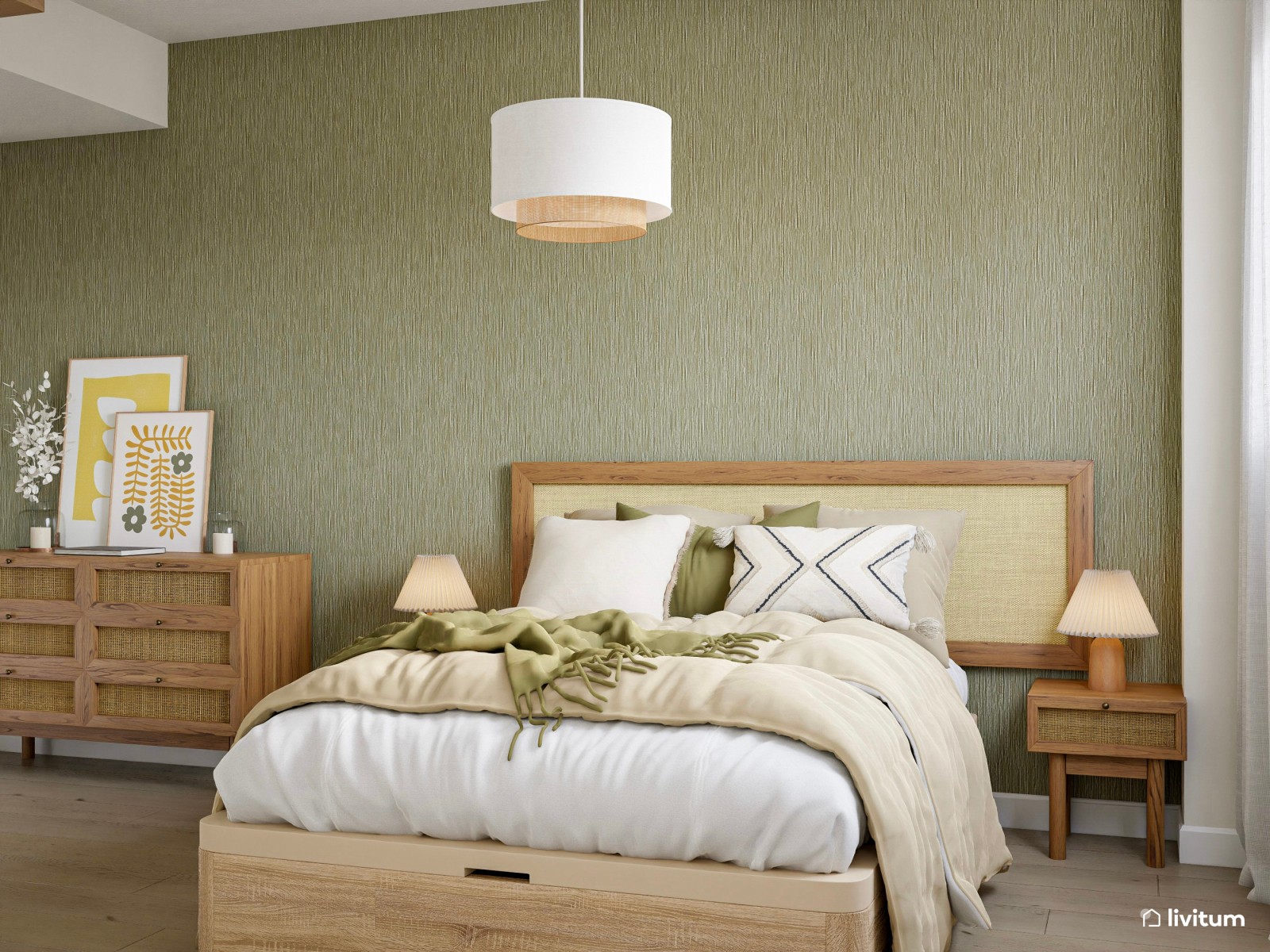 Dormitorio rústico en verde, madera y fibras naturales