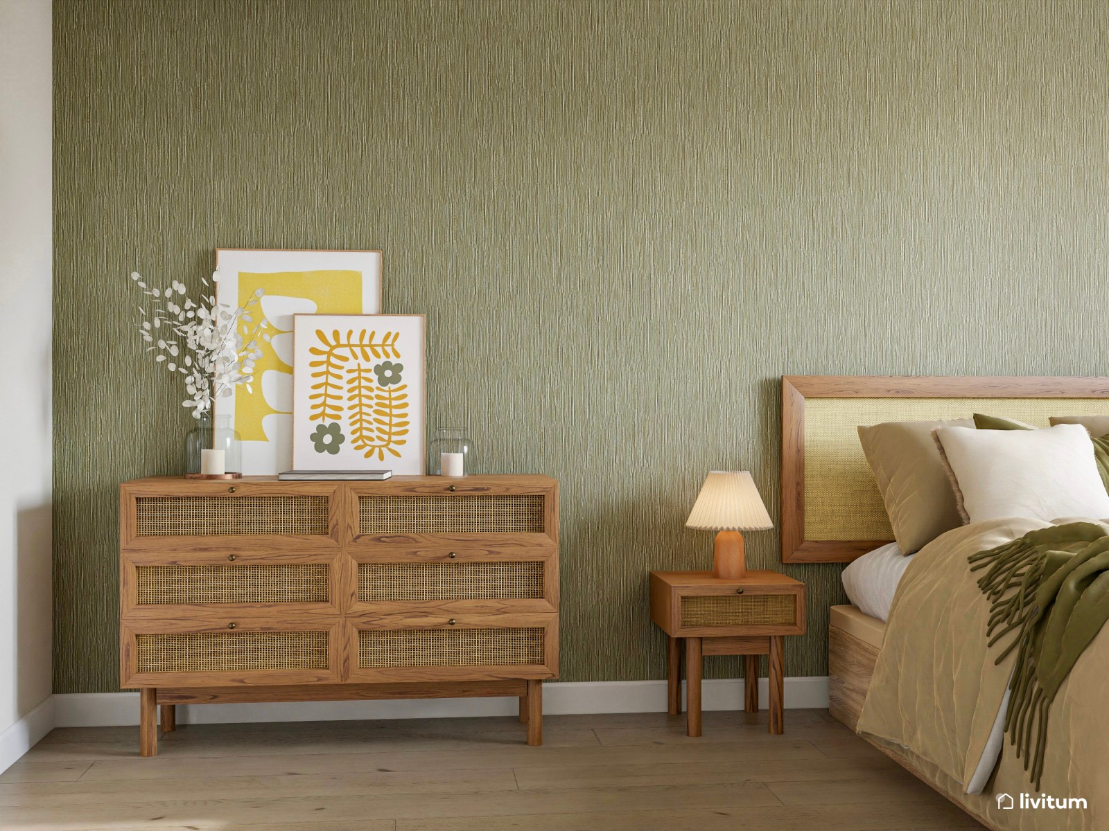 Dormitorio rústico en verde, madera y fibras naturales