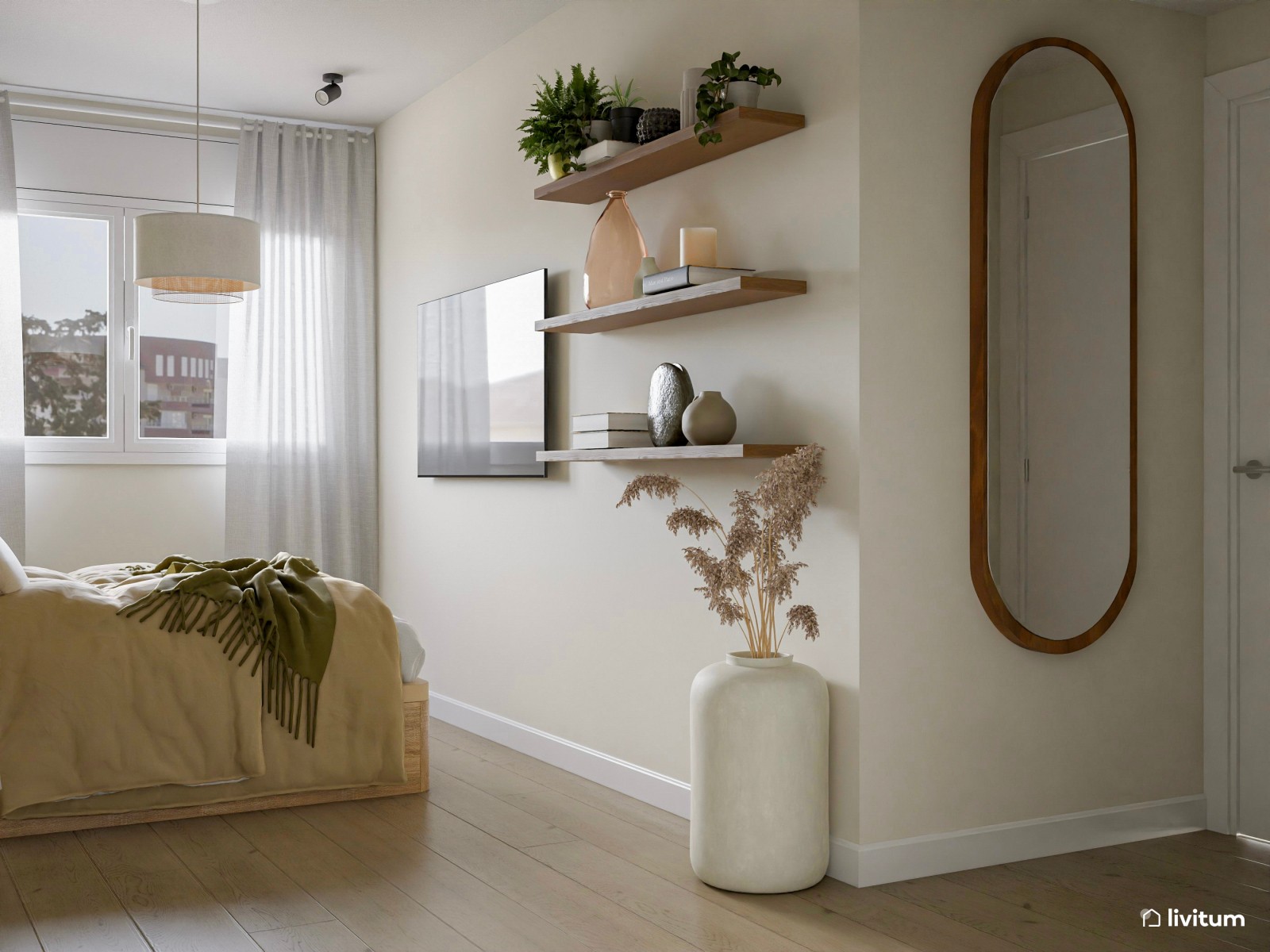 Dormitorio rústico en verde, madera y fibras naturales