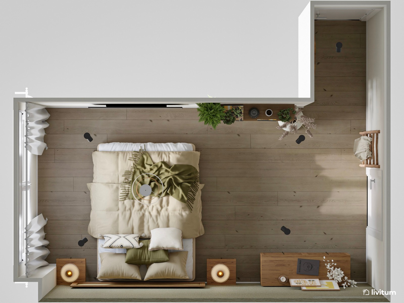Dormitorio rústico en verde, madera y fibras naturales