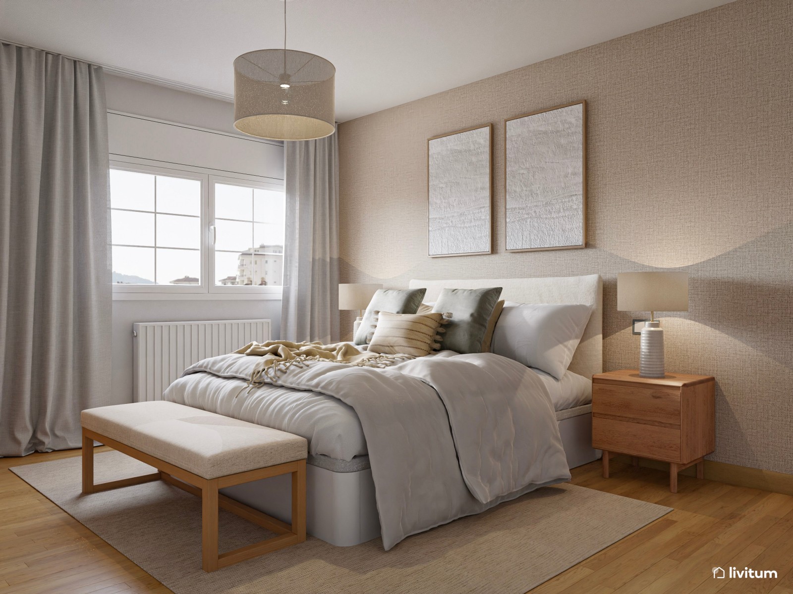 Dormitorio sencillo de estilo nórdico con papel pintado