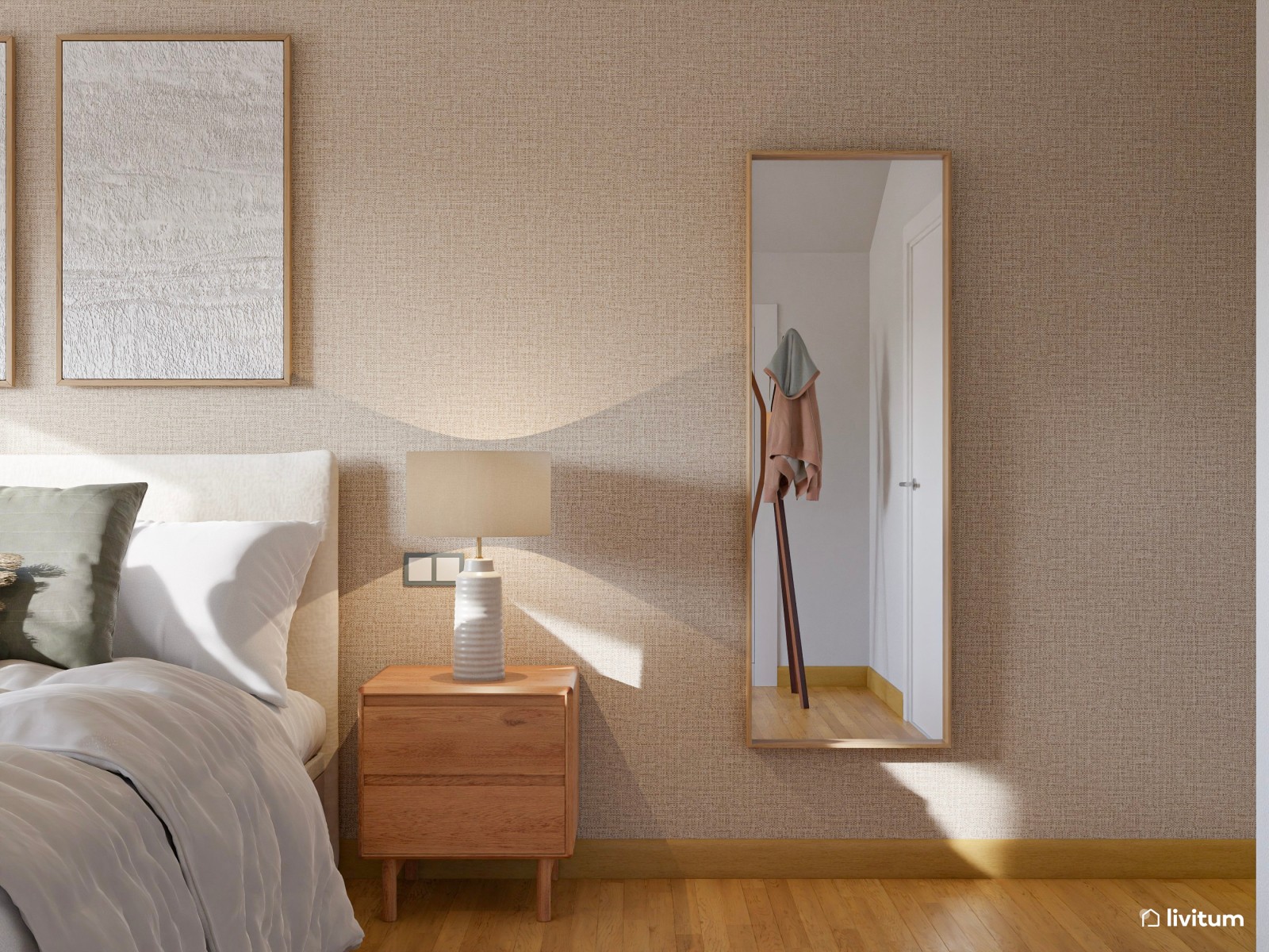 Dormitorio sencillo de estilo nórdico con papel pintado