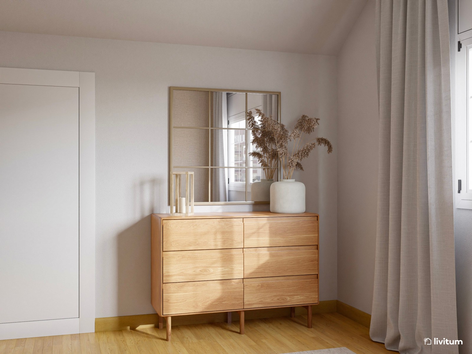 Dormitorio sencillo de estilo nórdico con papel pintado