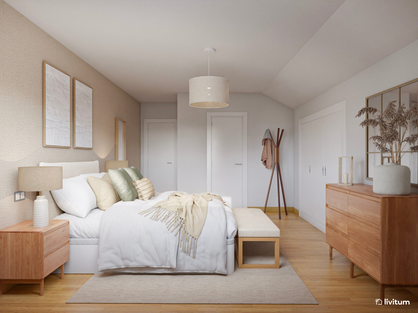 Dormitorio sencillo de estilo nórdico con papel pintado