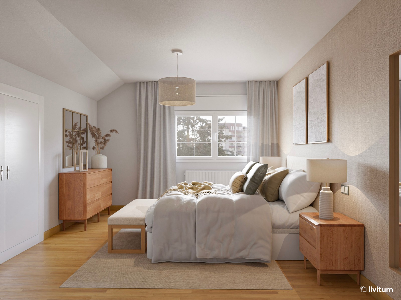 Dormitorio sencillo de estilo nórdico con papel pintado