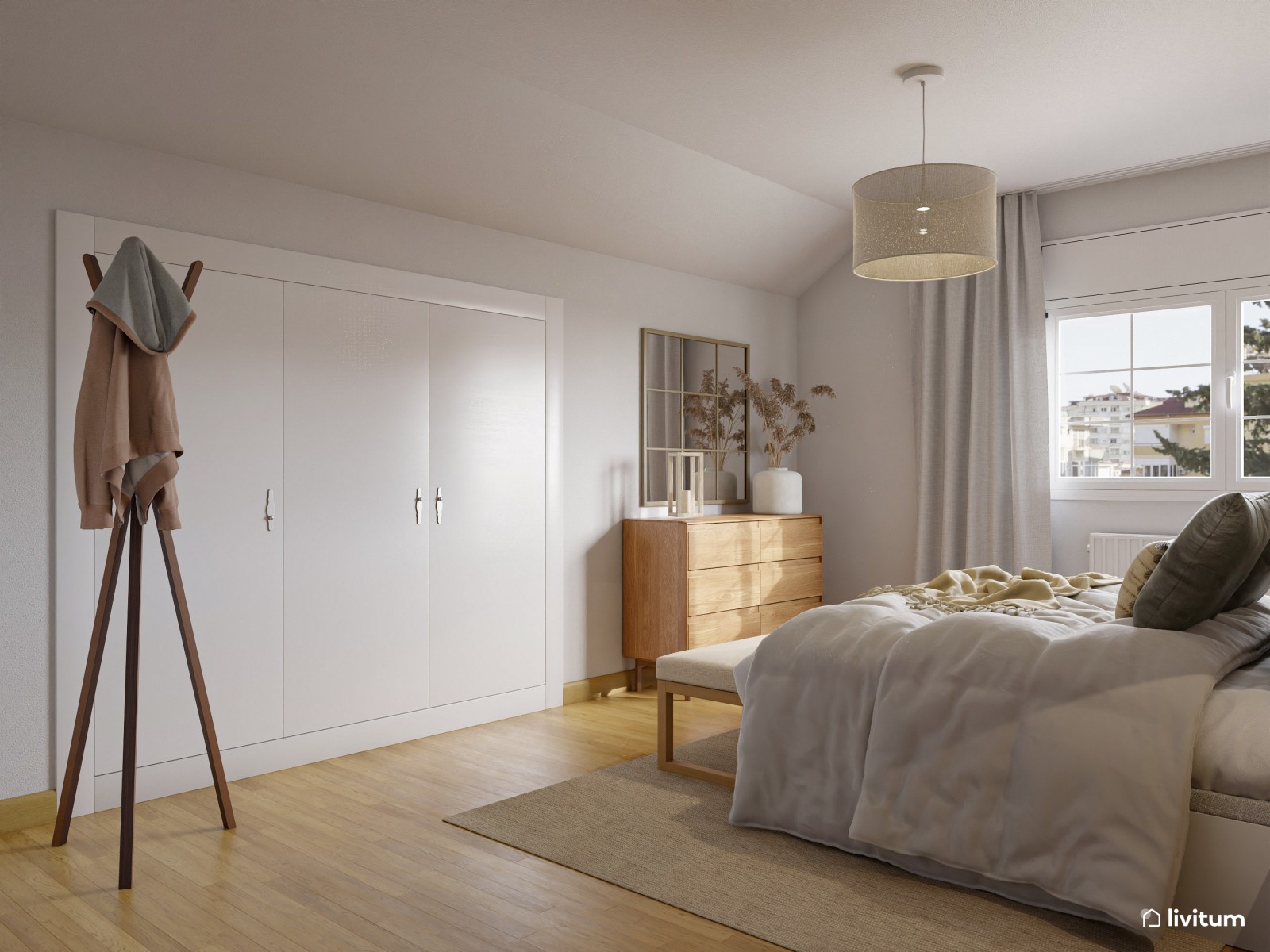 Dormitorio sencillo de estilo nórdico con papel pintado