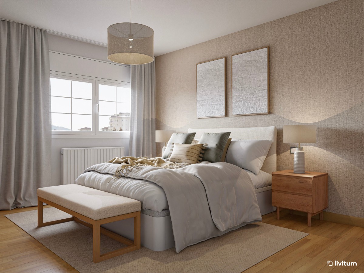 Dormitorio sencillo de estilo nórdico con papel pintado