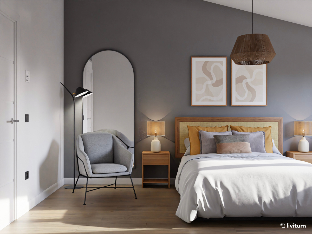 Dormitorio sofisticado en un elegante gris