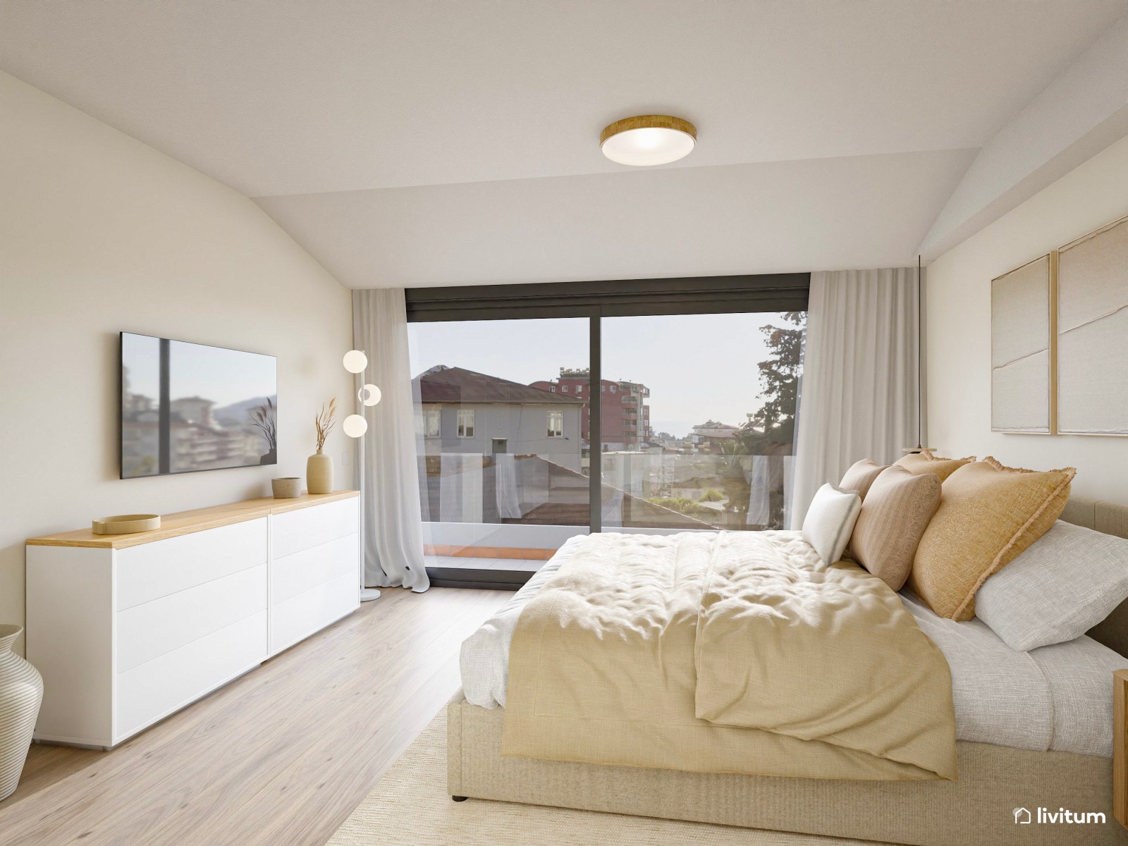 Dormitorio Total White con lámparas colgantes sobre las mesillas