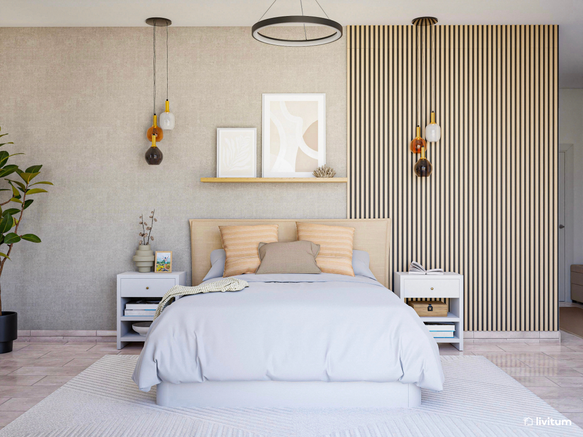 Dormitorio tranquilo de estilo nórdico con listones de madera