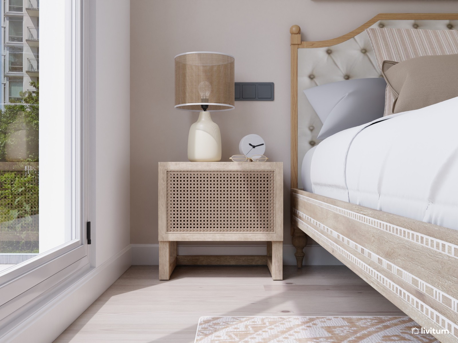 Dormitorio vintage en tonos neutros 