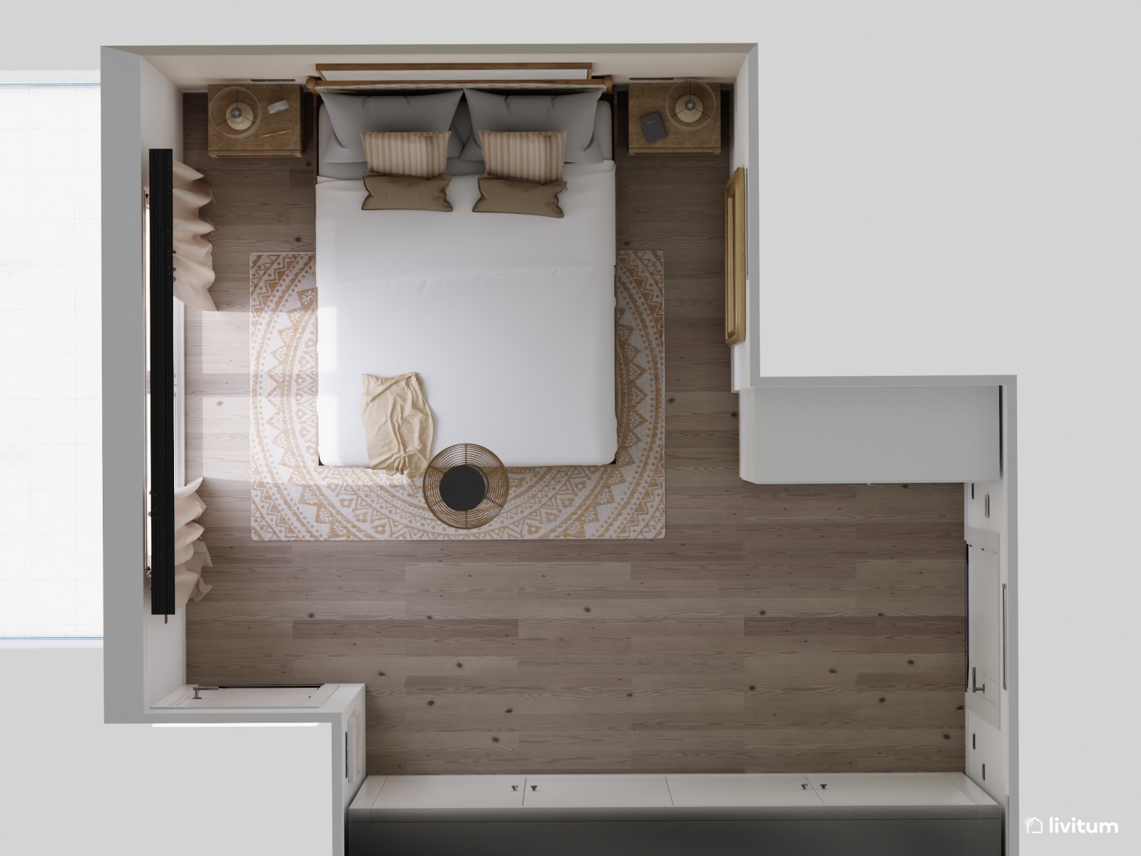 Dormitorio vintage en tonos neutros 