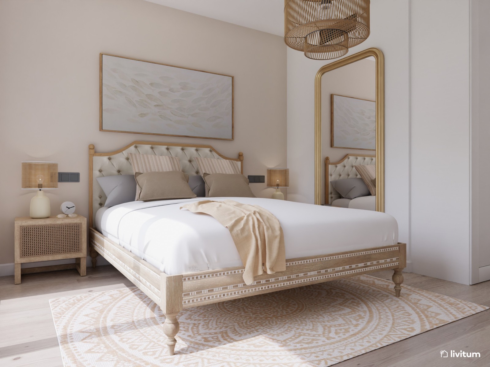 Dormitorio vintage en tonos neutros 