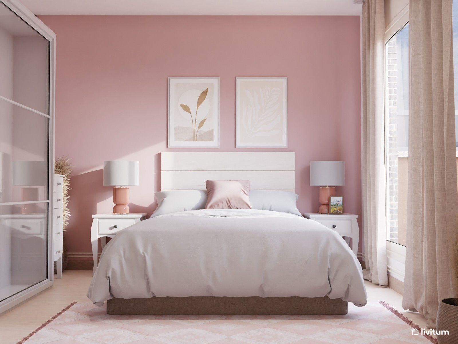 Dormitorio vintage rosa y blanco 