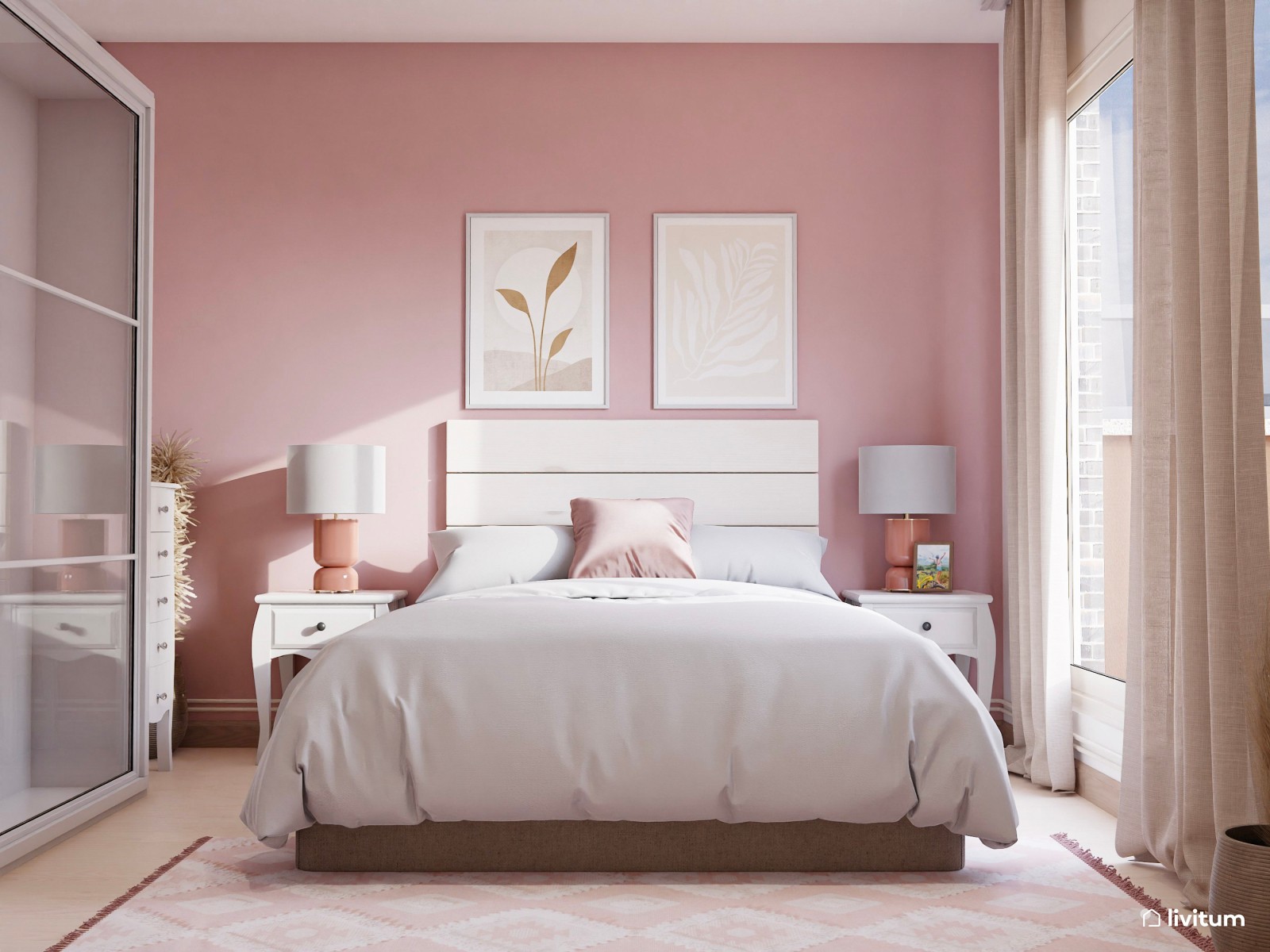 Dormitorio vintage rosa y blanco 