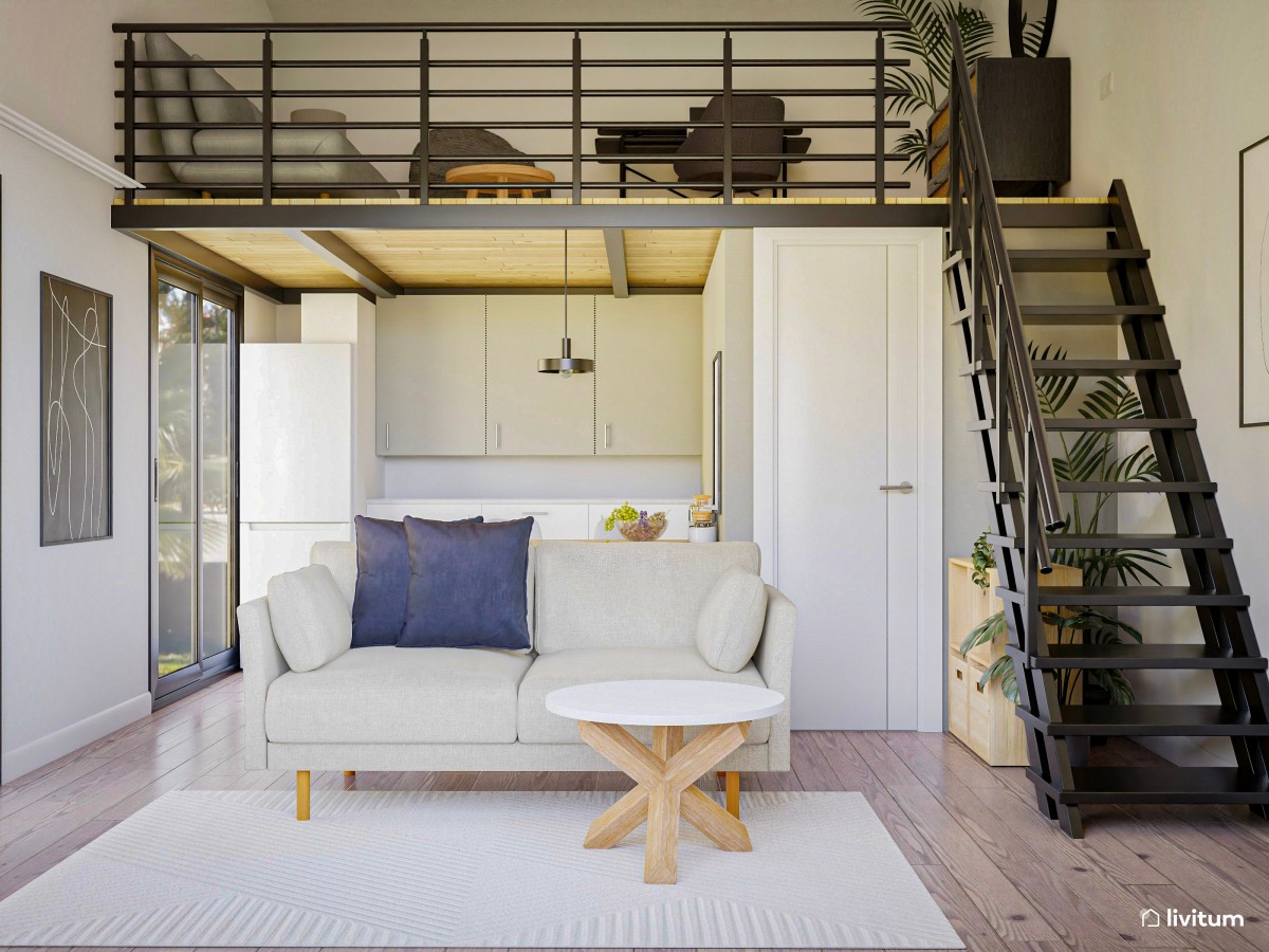 Dúplex con cocina, sala de estar y zona de relax de estilo nórdico