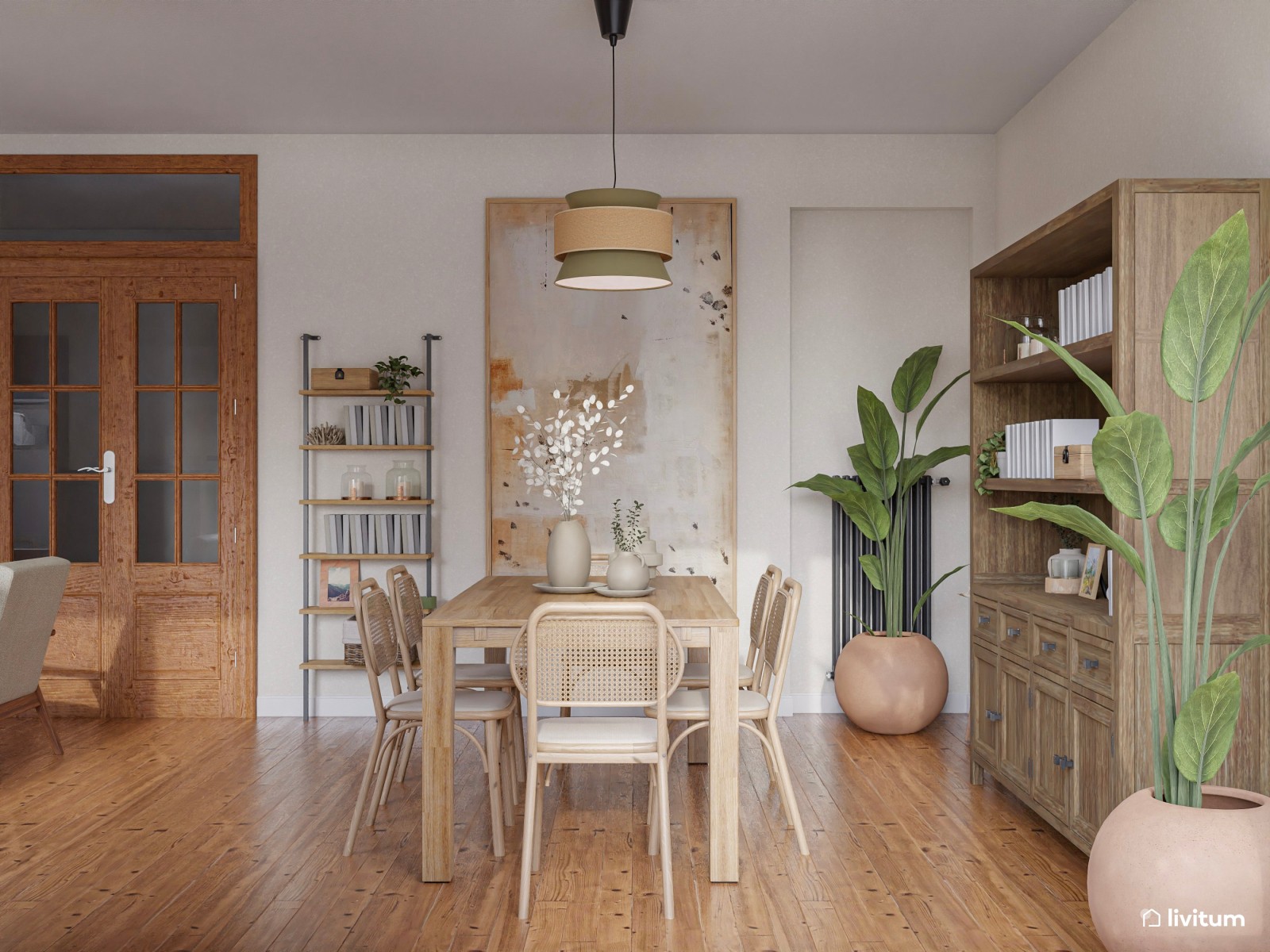 El reinado de las fibras naturales: salón original en verde y madera