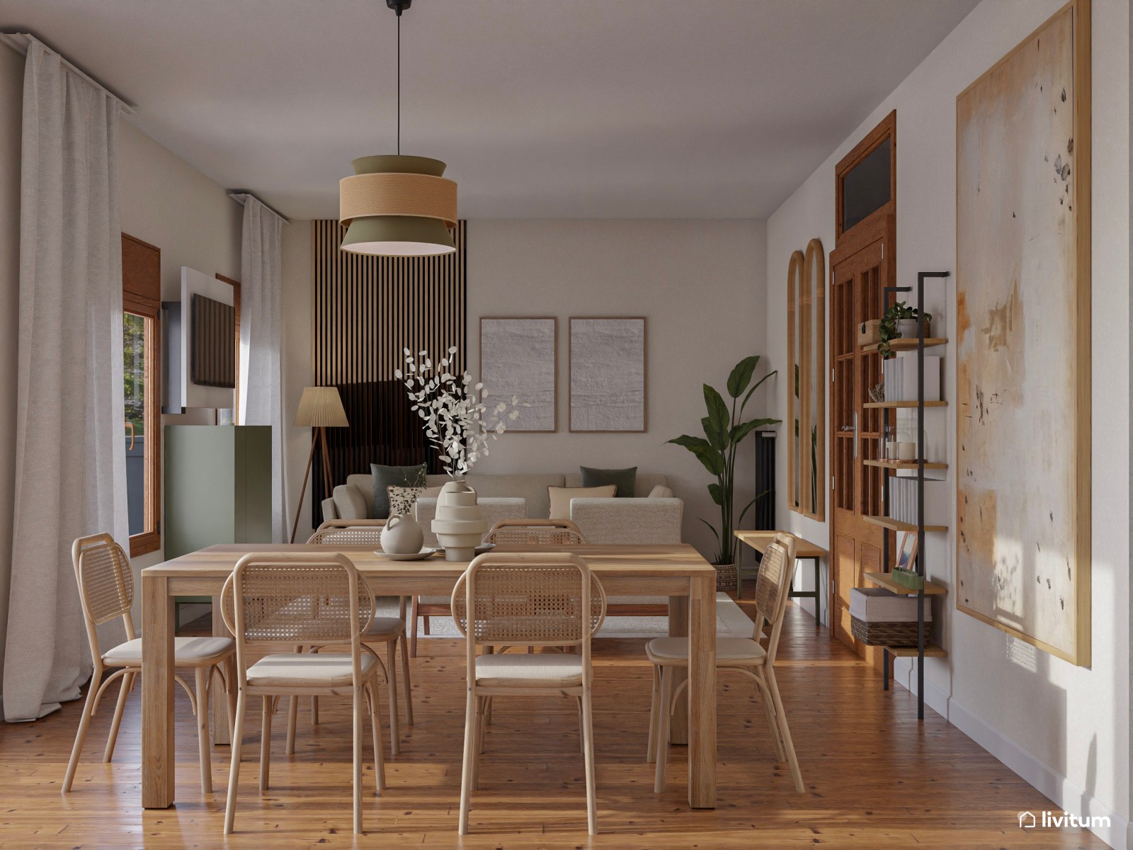 El reinado de las fibras naturales: salón original en verde y madera