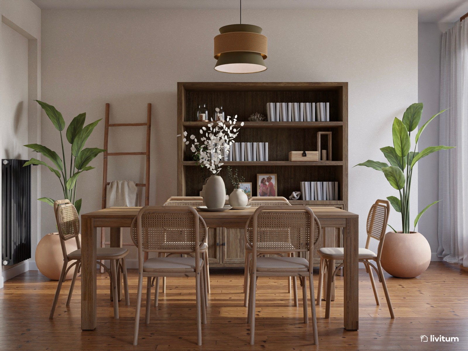 El reinado de las fibras naturales: salón original en verde y madera