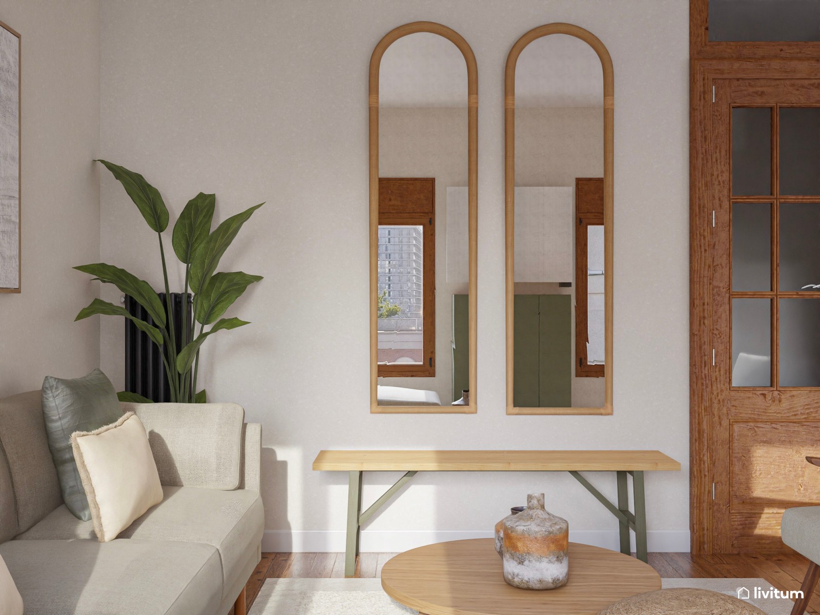 El reinado de las fibras naturales: salón original en verde y madera