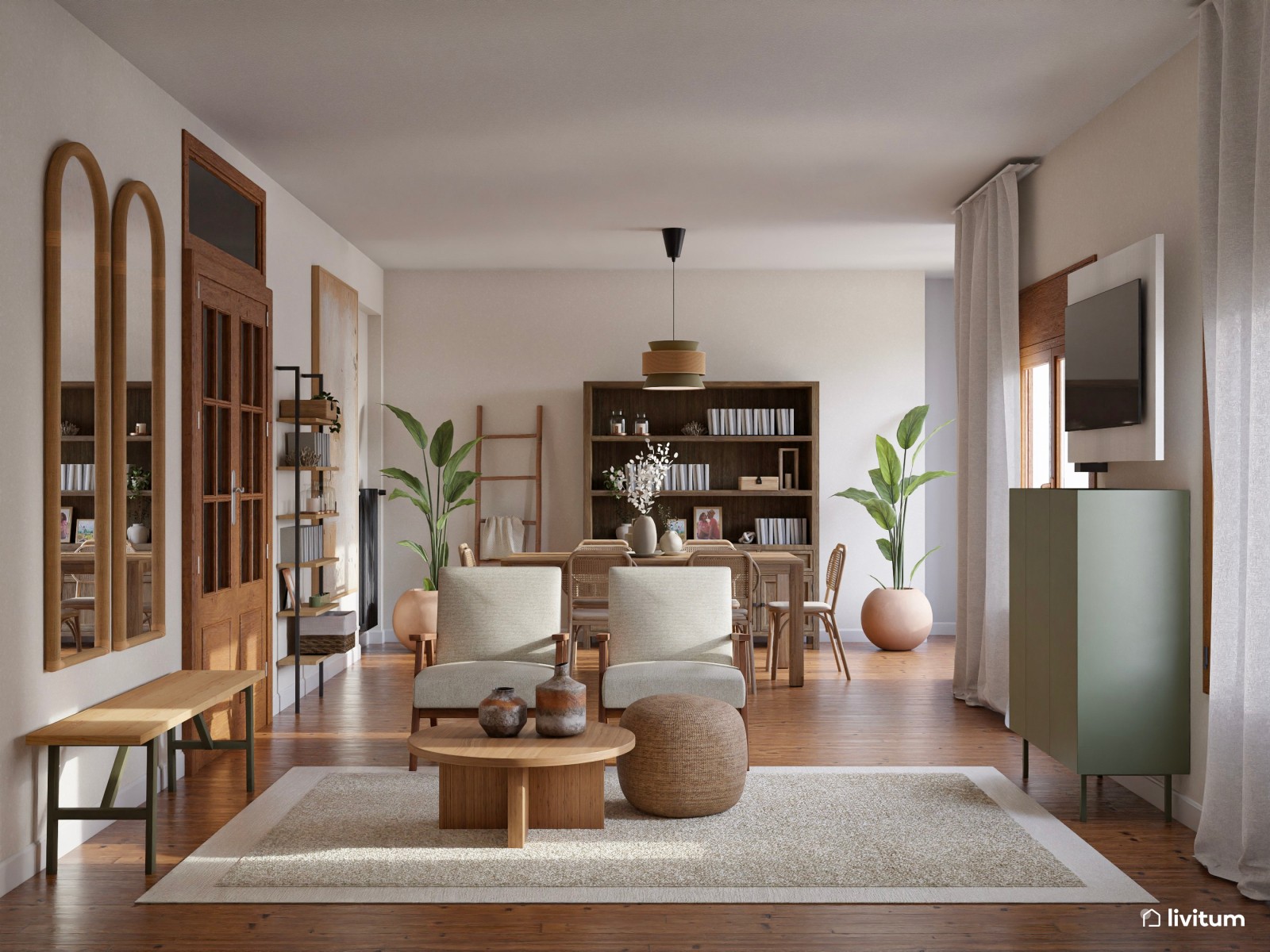 El reinado de las fibras naturales: salón original en verde y madera