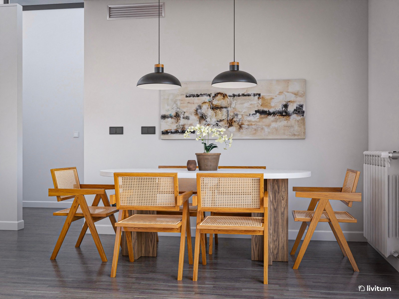 Elegante comedor con mesa ovalada de microcemento en blanco