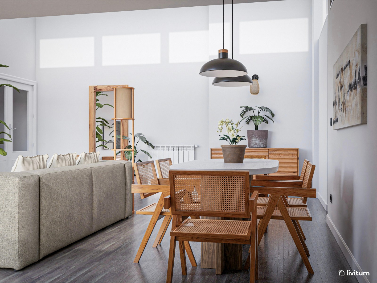 Elegante comedor con mesa ovalada de microcemento en blanco