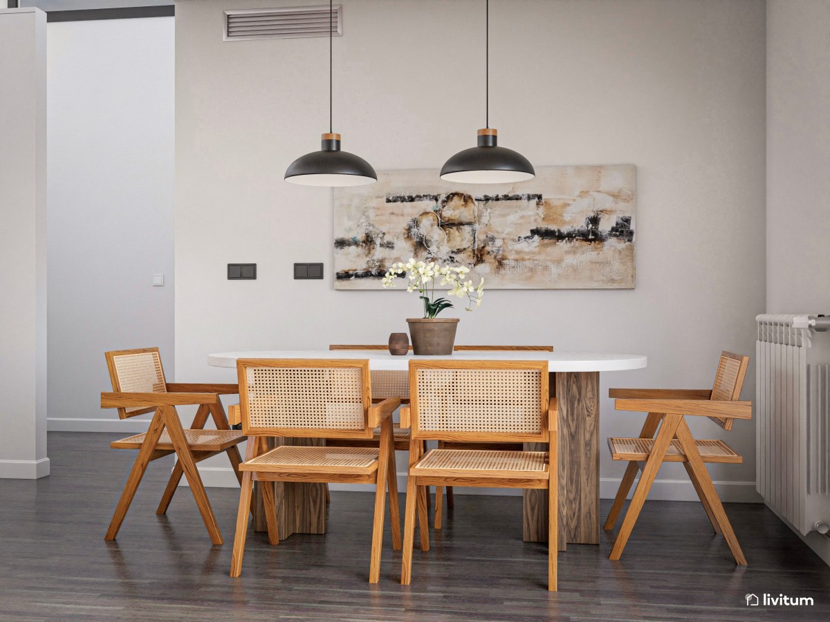 Elegante comedor con mesa ovalada de microcemento en blanco