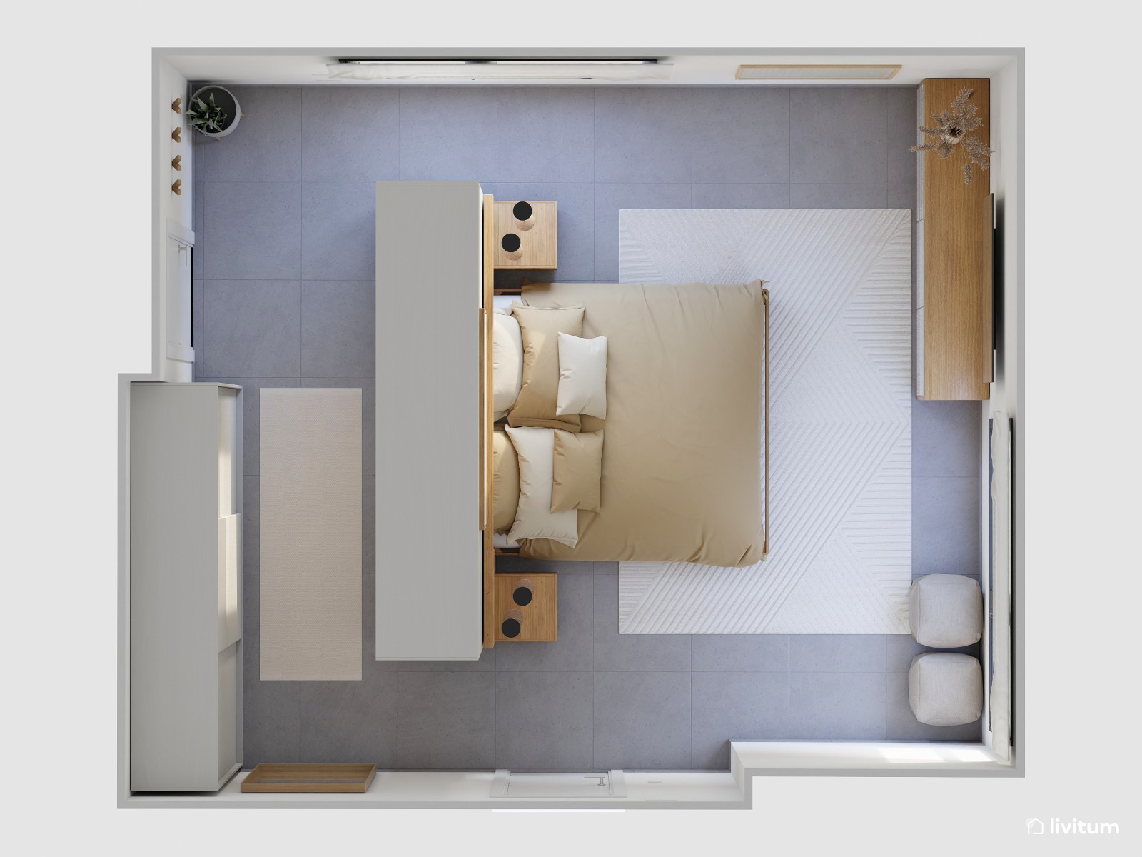Elegante dormitorio con cabecero a medida y vestidor 