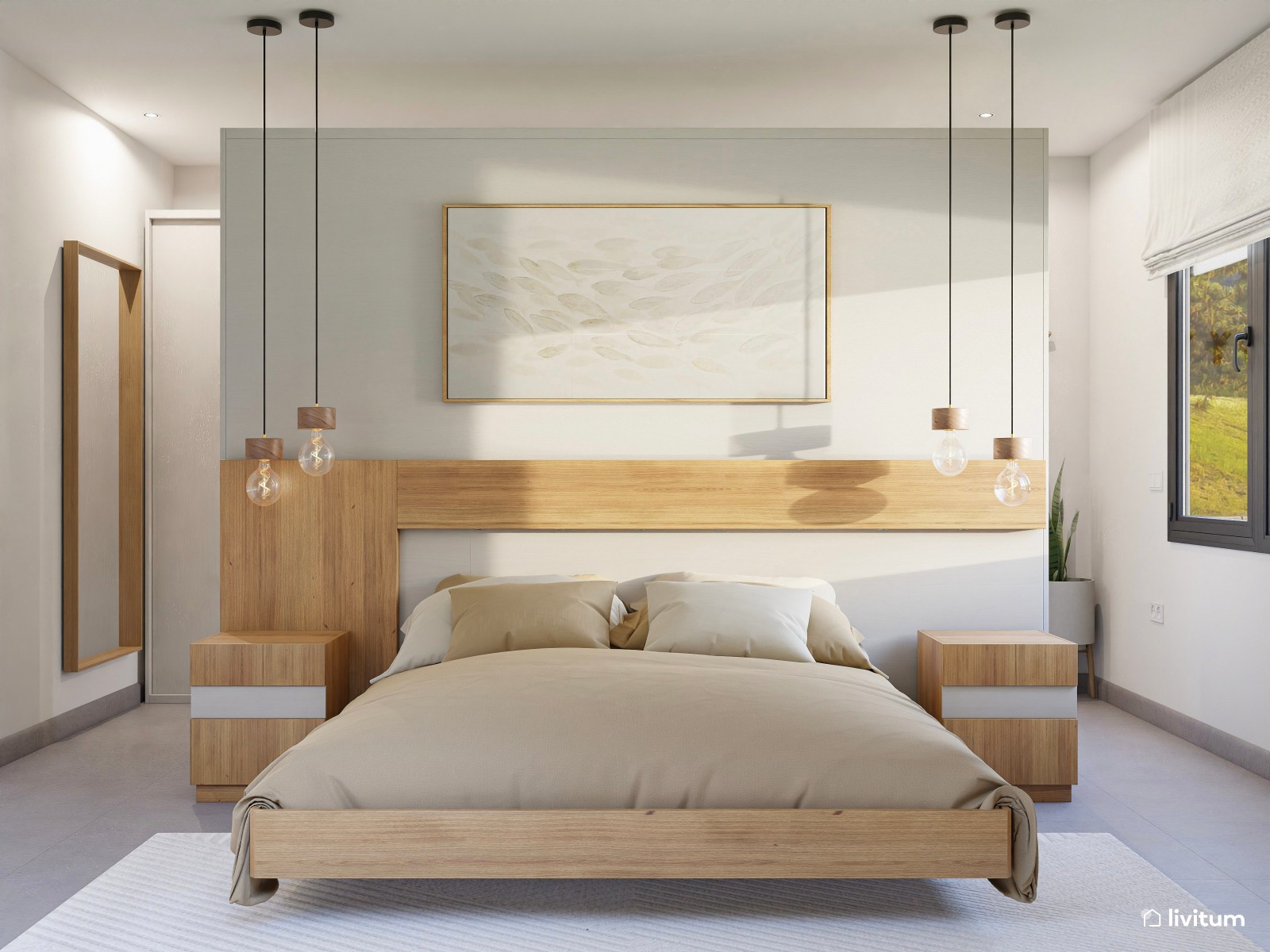 Elegante dormitorio con cabecero a medida y vestidor 