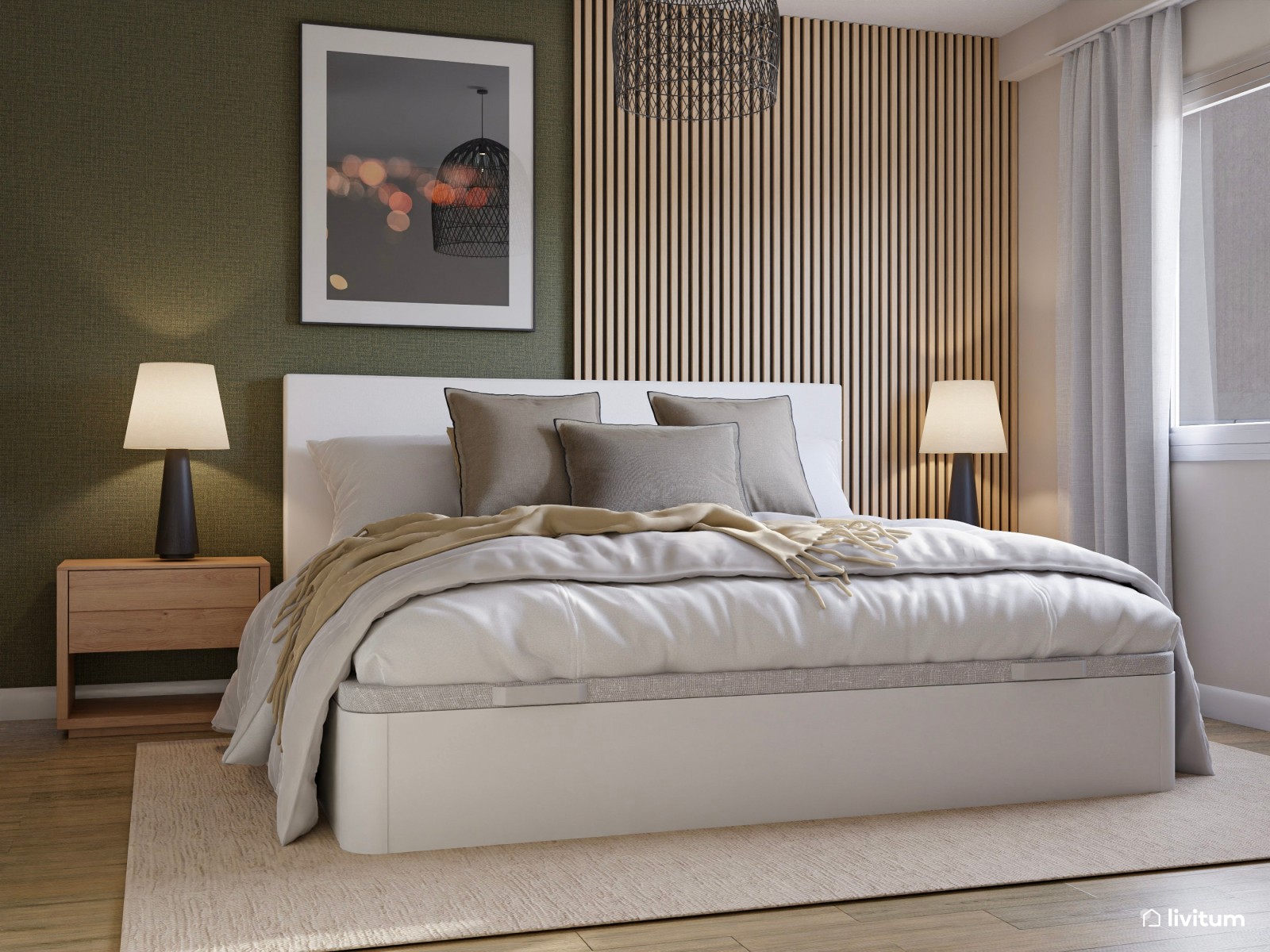 Elegante dormitorio con listones de madera y pared verde