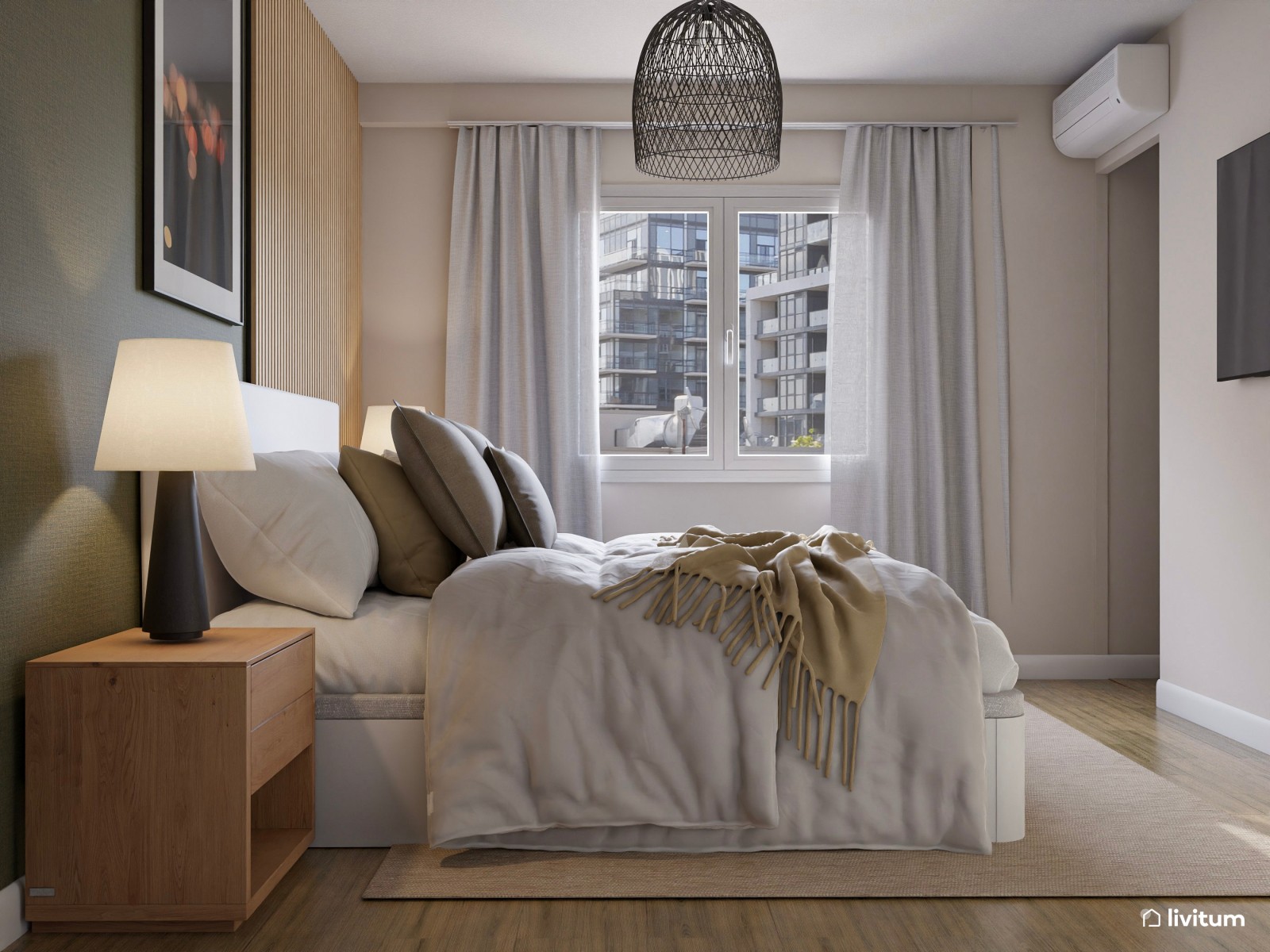 Elegante dormitorio con listones de madera y pared verde