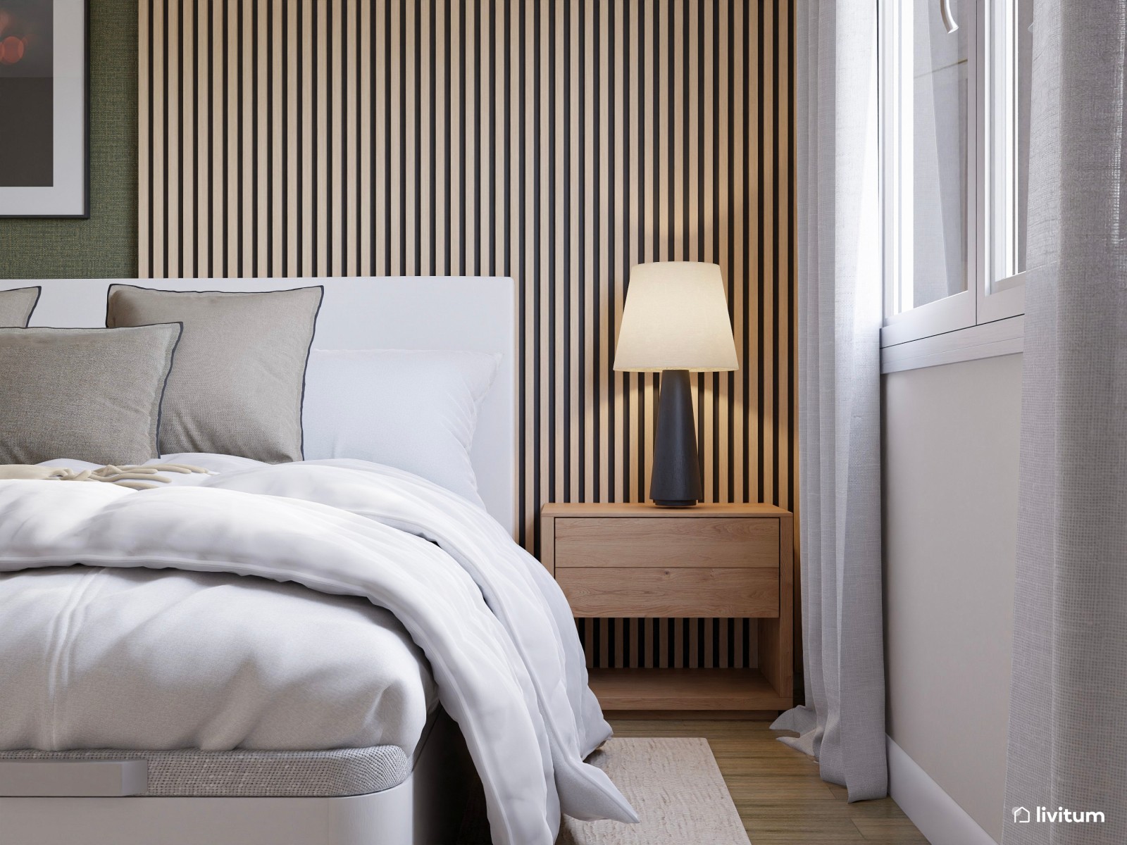 Elegante dormitorio con listones de madera y pared verde