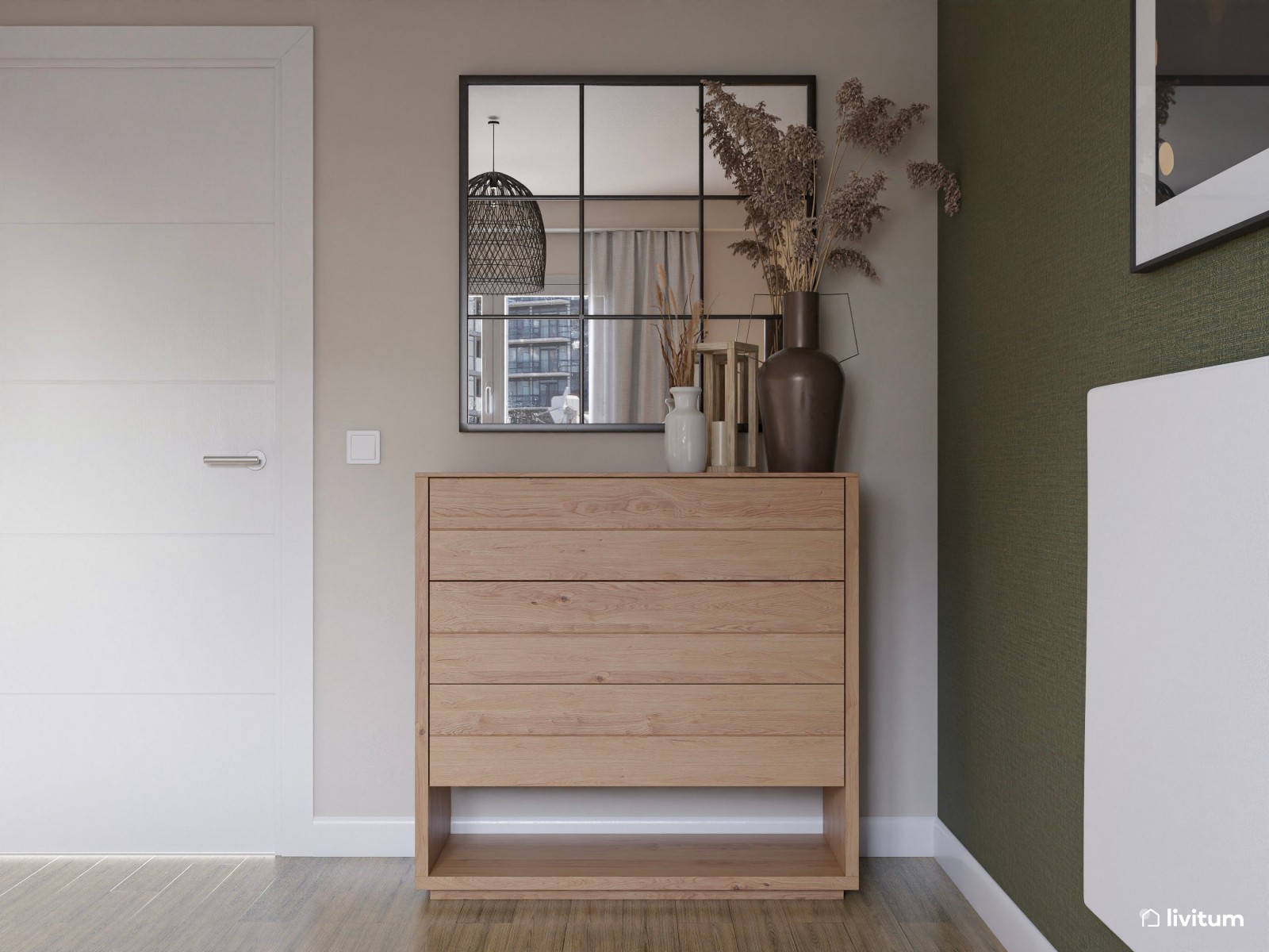 Elegante dormitorio con listones de madera y pared verde