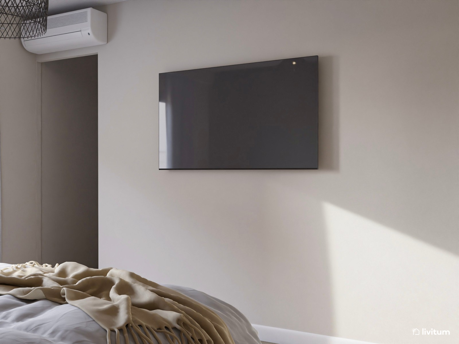 Elegante dormitorio con listones de madera y pared verde