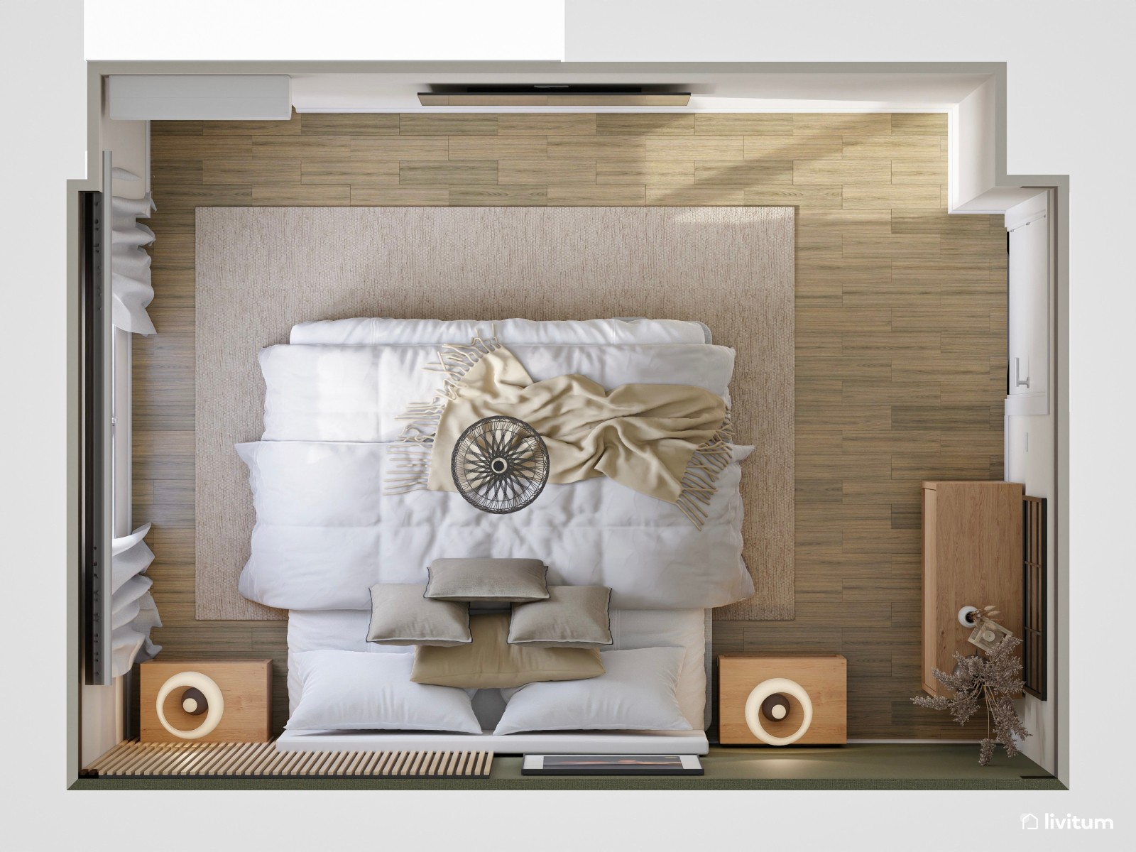 Elegante dormitorio con listones de madera y pared verde