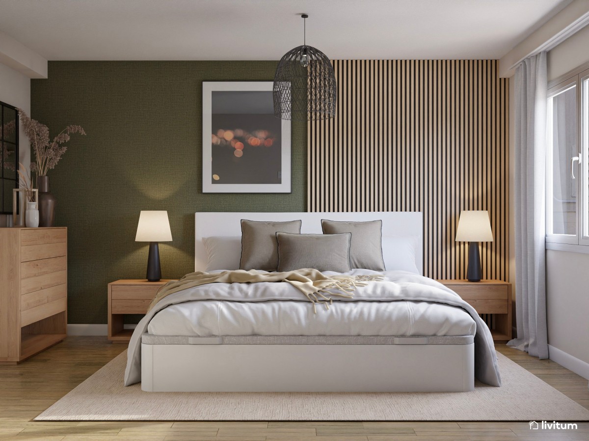 Elegante dormitorio con listones de madera y pared verde