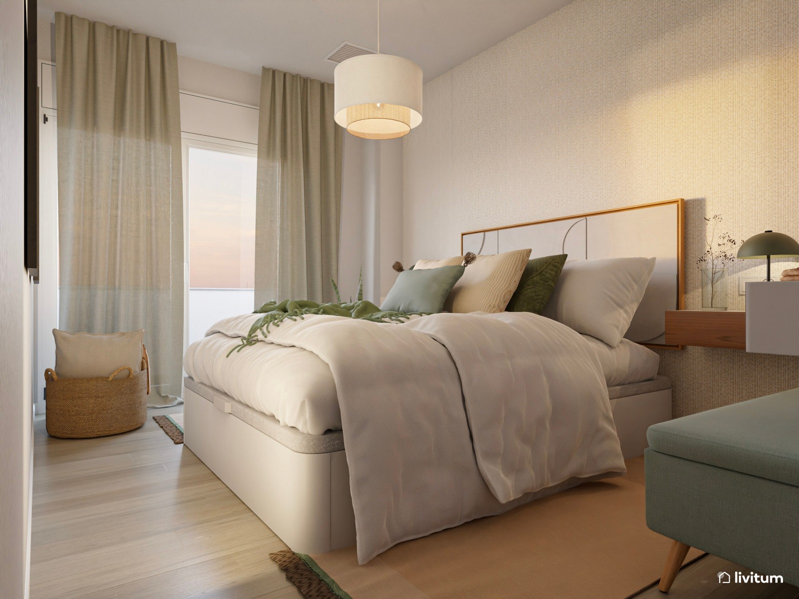 Elegante dormitorio con mesitas flotantes y detalles en verde